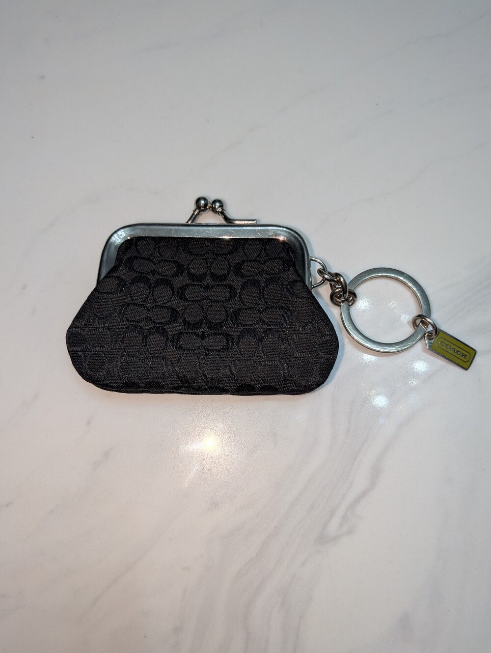 Vintage Coach Black Signature Jacquard Kisslock Coin Purse Bag Charm Keyring Y2K